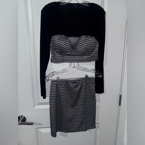 Women Black and White Houndstooth Skirt Set